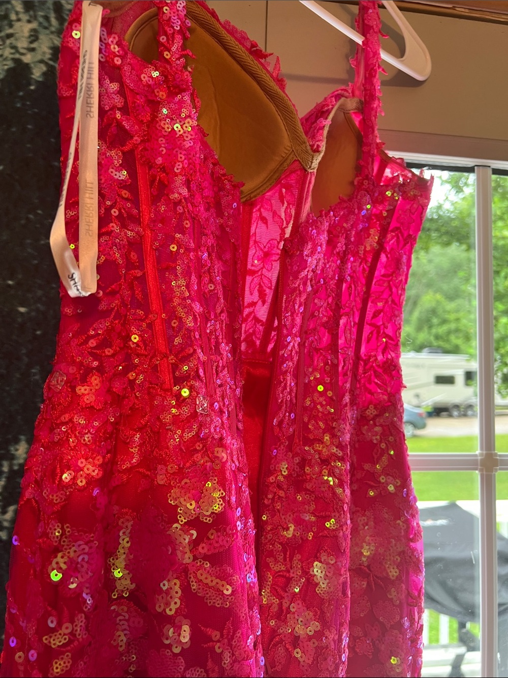 Sherri Hill Hot Pink Sequin High-Slit removable train prom dress - Picture 8 of 17